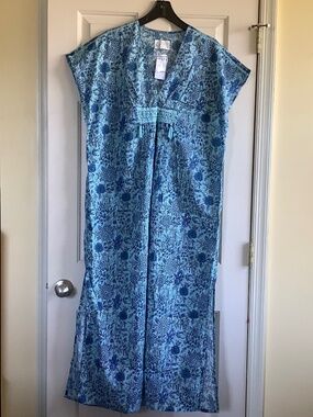 Destination 365 Printed V-Neck Embellished Short-Sleeve Beach Dress Blue SZ L